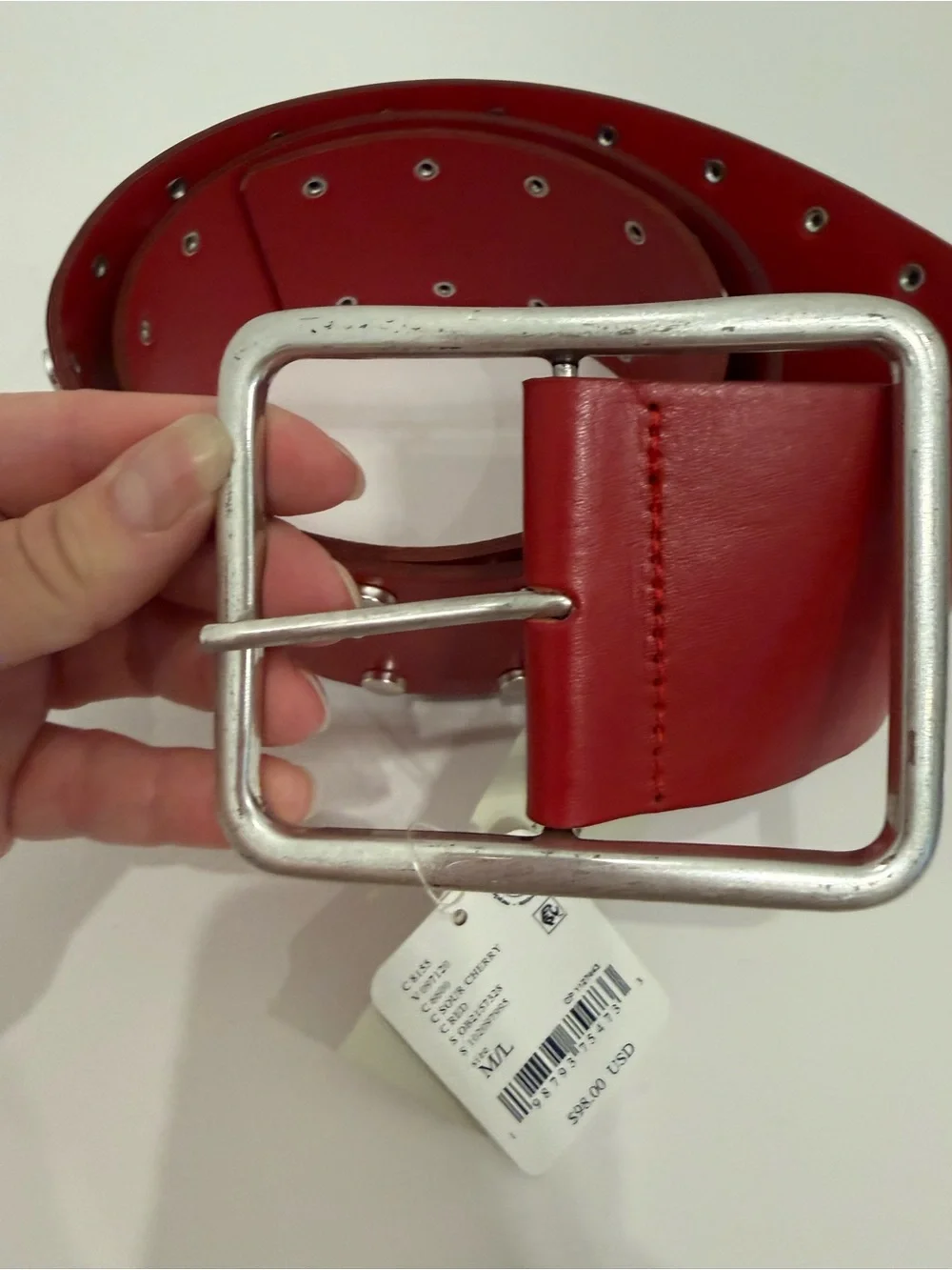 NWT Free People Hex Hip Red Studded Leather Belt M/L Boho Statement Hippie West